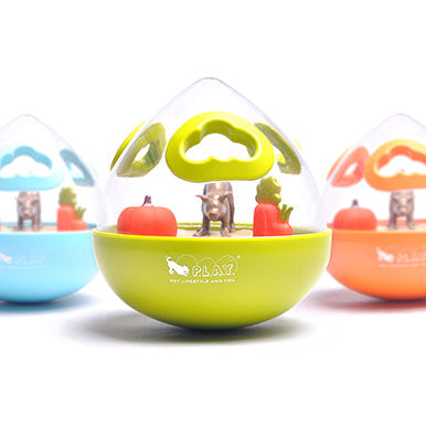 Interactive wobble dog toy designed for enrichment and slow feeding, made from REACH-compliant, phthalate-free materials.