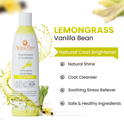 Aroma Paws Lemongrass Vanilla Bean coat brightening shampoo and conditioner adds natural shine, cleanses, and soothes stress with safe and healthy ingredients