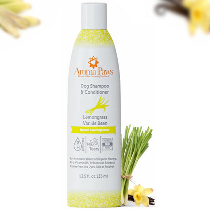 Aroma Paws dog shampoo and conditioner bottle with lemongrass and vanilla bean elements on a white background