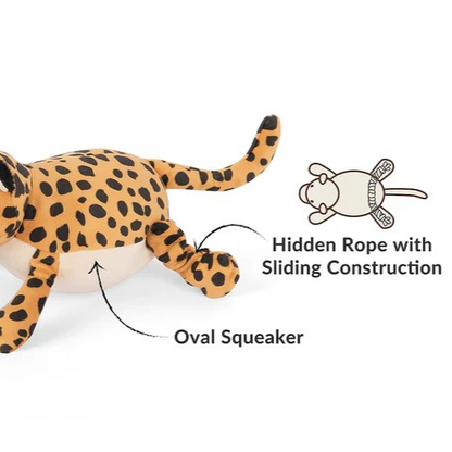 Leopard dog toy featuring sliding limbs and oversized squeaker for engaging play