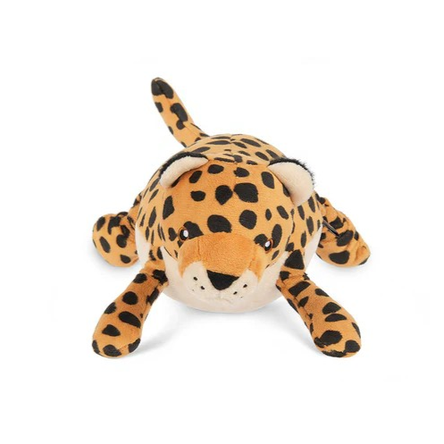 Interactive leopard dog toy with sliding limbs and a squeaker, made with eco-friendly materials and AZO-free dyes