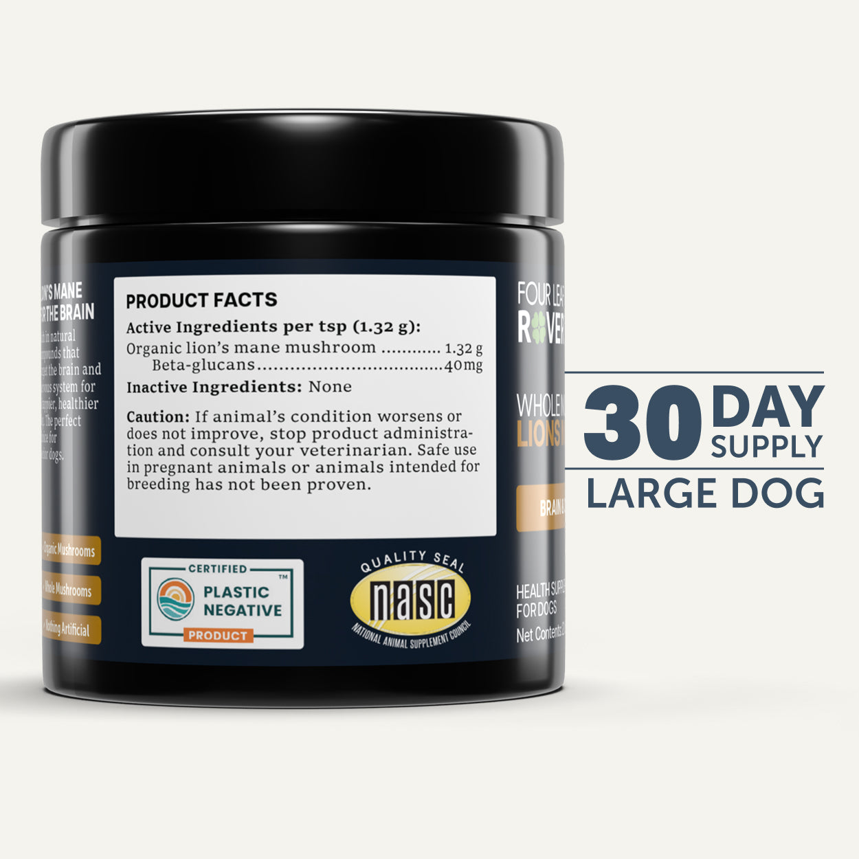 Back label of Four Leaf Rover lion’s mane supplement for dogs