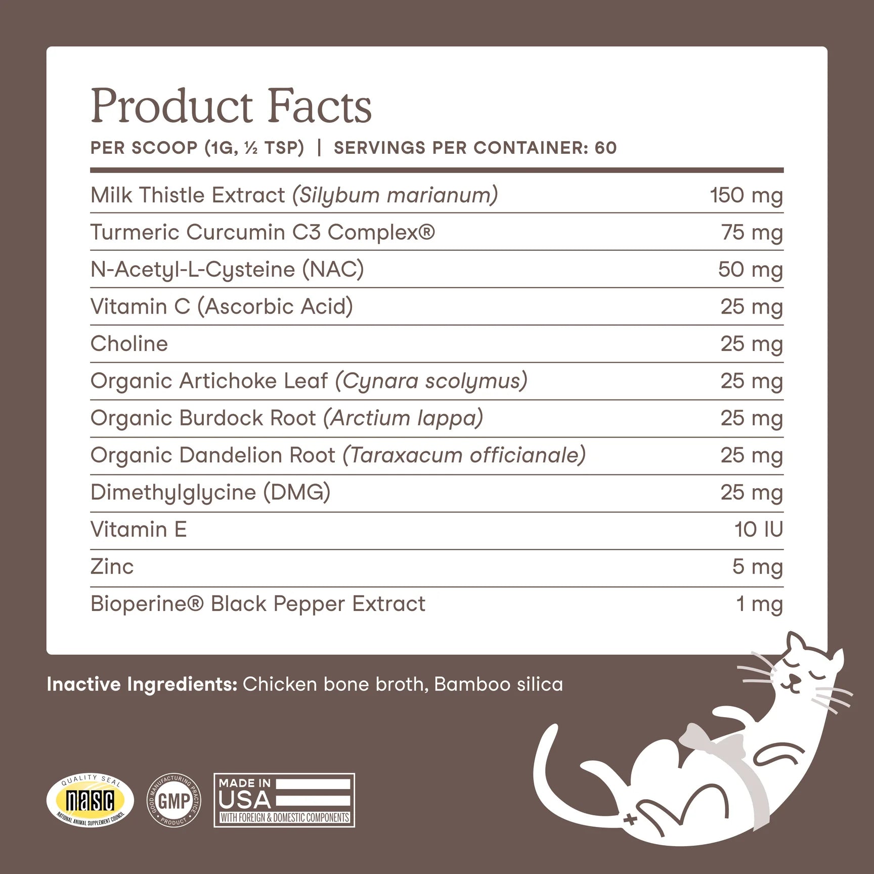 Product facts label for Fera Pets liver support supplement for dogs