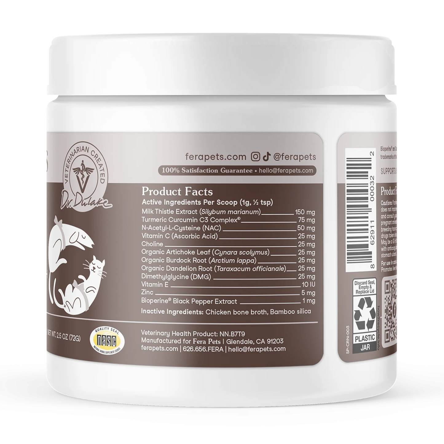 Side view of Fera Pets liver support supplement jar for dogs
