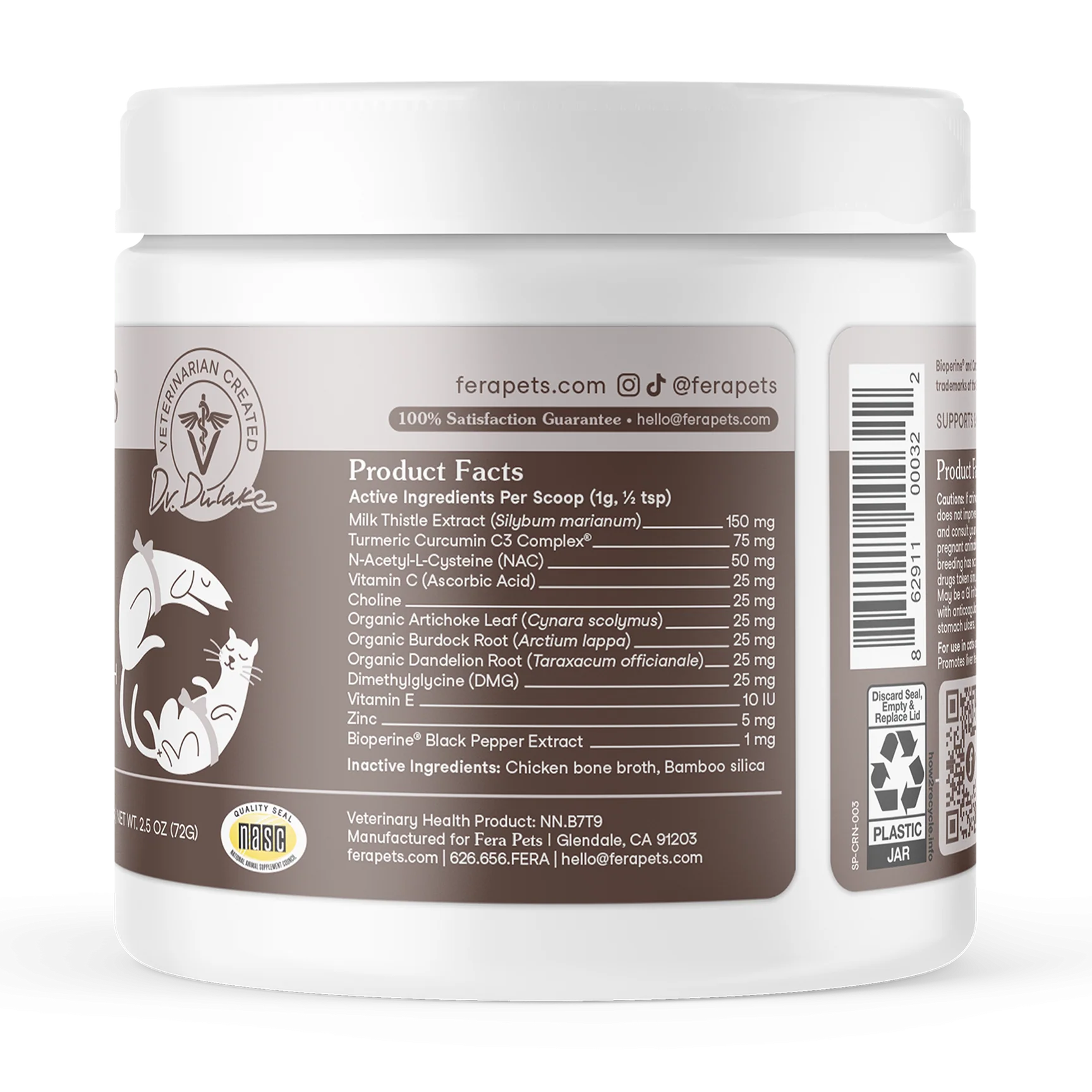 Side view of Fera Pets liver support supplement jar for dogs