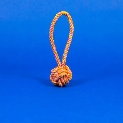 Natural cotton rope knot dog toy with loop, designed for chewing, tug play, and interactive enrichment.