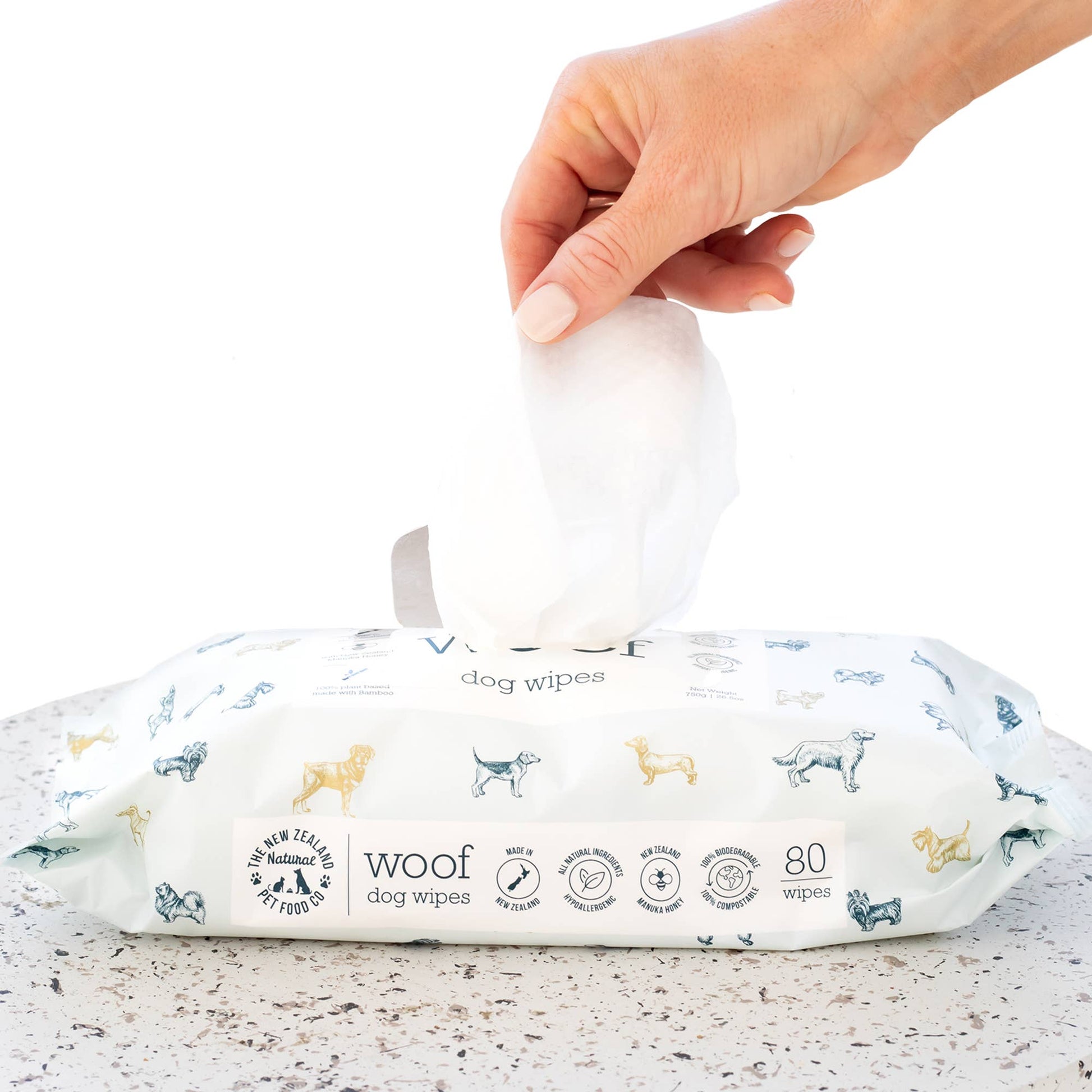 WOOF Dog Wipes – Natural pet wipes with Manuka honey, safe for body, eyes, ears & paws. Hypoallergenic, eco-friendly, and gentle on sensitive skin.