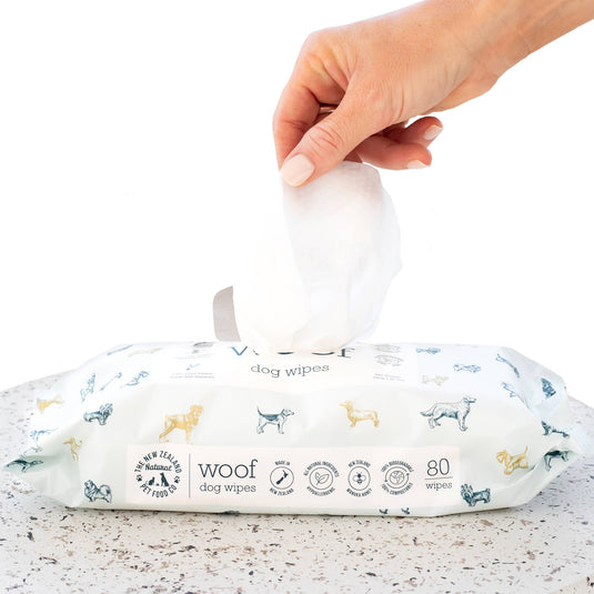 WOOF Dog Wipes – Natural pet wipes with Manuka honey, safe for body, eyes, ears & paws. Hypoallergenic, eco-friendly, and gentle on sensitive skin.