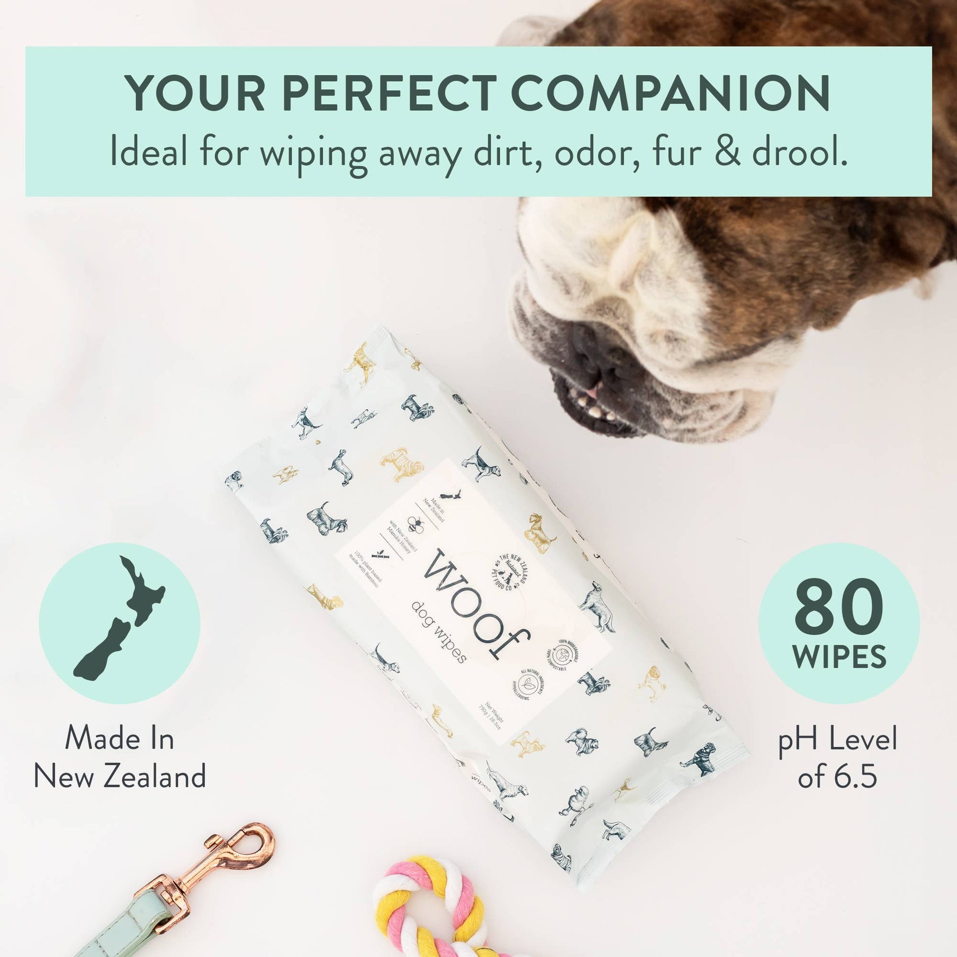 Natural, pH balanced pet wipes perfect for dirt, odor, fur, and drool.