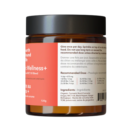 back label of turmeric supplement for dogs with curcumin and organic ingredients