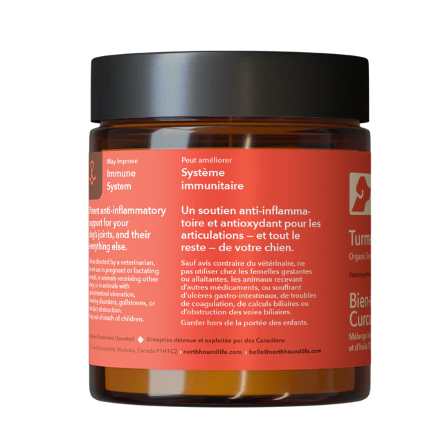 side view of turmeric supplement for dogs showing ingredients and organic formula