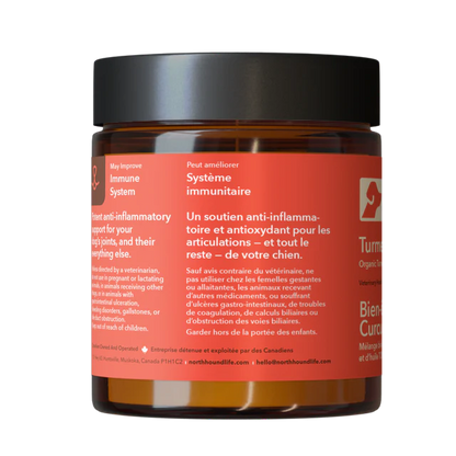 side view of turmeric supplement for dogs showing ingredients and organic formula