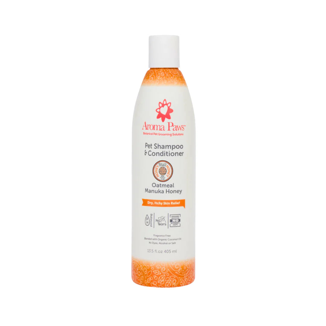 Aroma Paws Oatmeal Manuka Honey dog shampoo and conditioner bottle, fragrance-free and pH-balanced formula