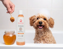 Dog next to Oatmeal Manuka Honey dog shampoo designed for dry, itchy skin relief
