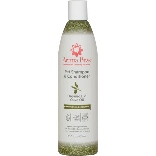 Aroma Paws Organic Olive Oil dog shampoo and conditioner bottle for sensitive skin