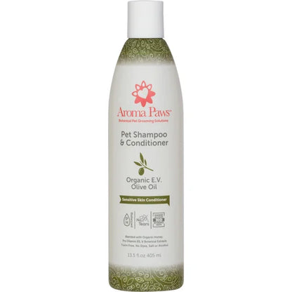 Aroma Paws Organic Olive Oil dog shampoo and conditioner bottle for sensitive skin