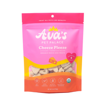 Ava’s Pet Palace Cheeze Pleeze organic cheese dog treats in original packaging, made with all-natural, USDA-certified ingredients and no artificial fillers.