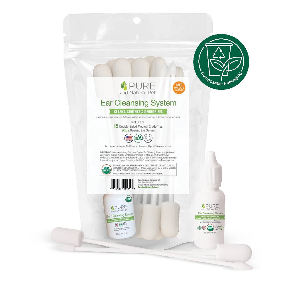 Organic dog ear cleansing kit with medical-grade foam swabs and USDA-certified organic ear serum