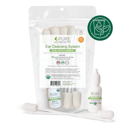 Organic dog ear cleansing kit with medical-grade foam swabs and USDA-certified organic ear serum