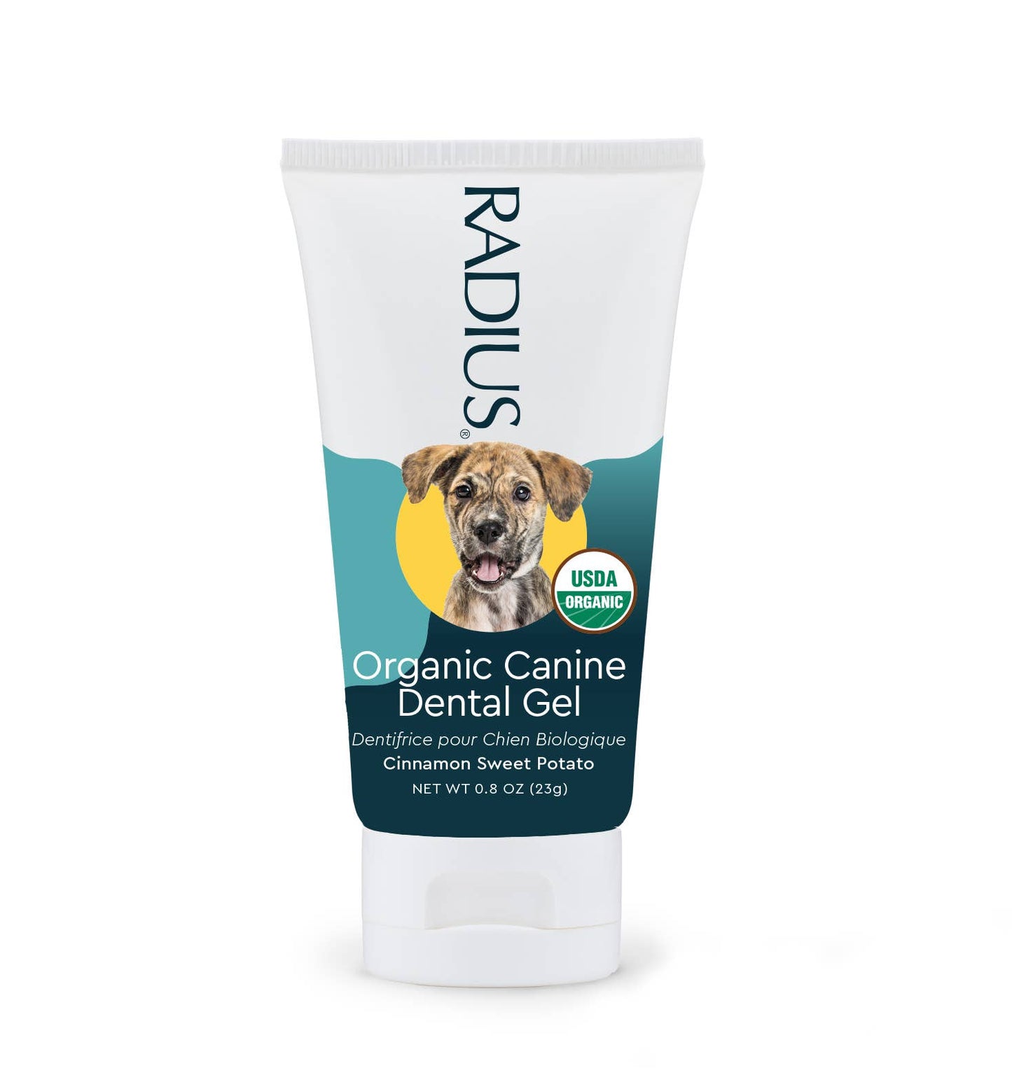 Tube of RADIUS organic dog toothpaste formulated without harsh chemicals