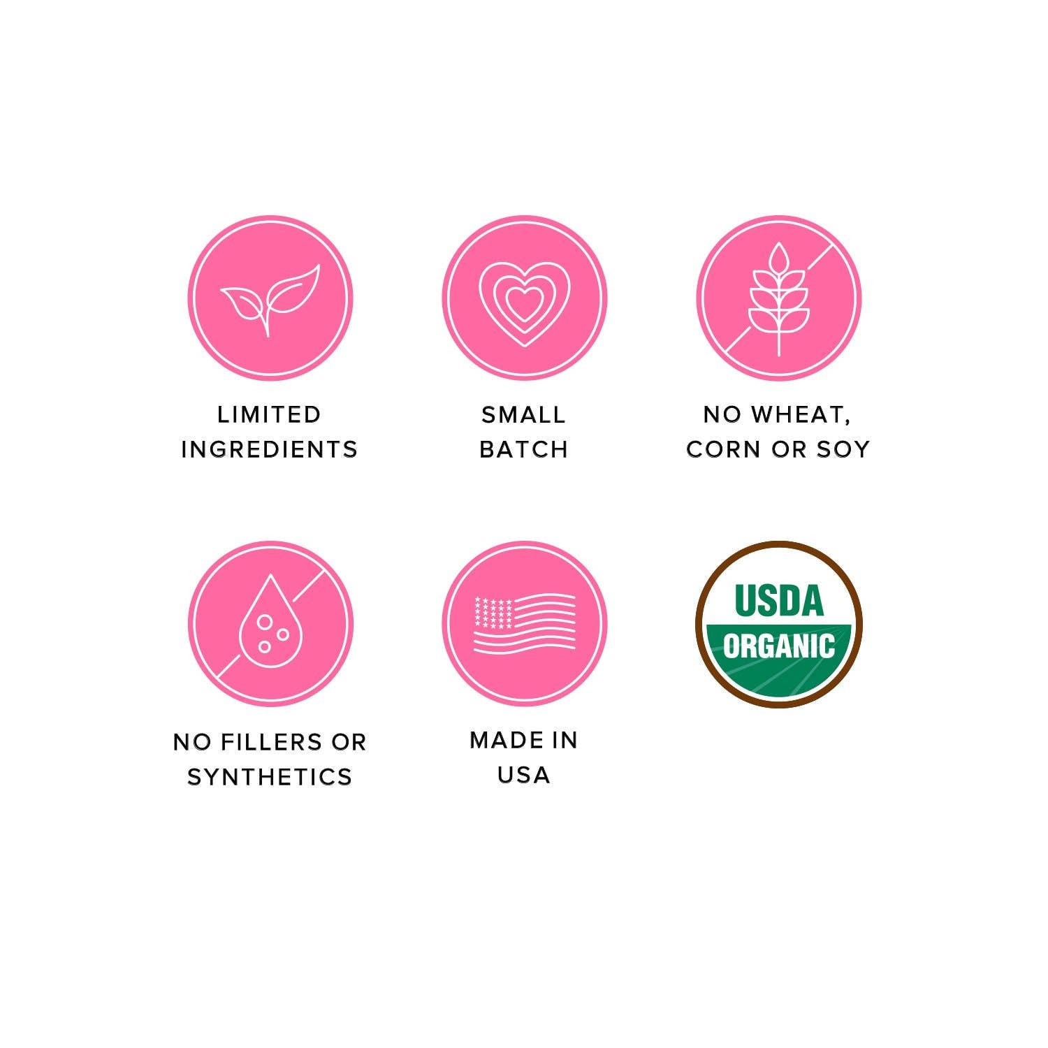 Icons highlighting organic ingredients gluten-free recipe and no preservatives or fillers