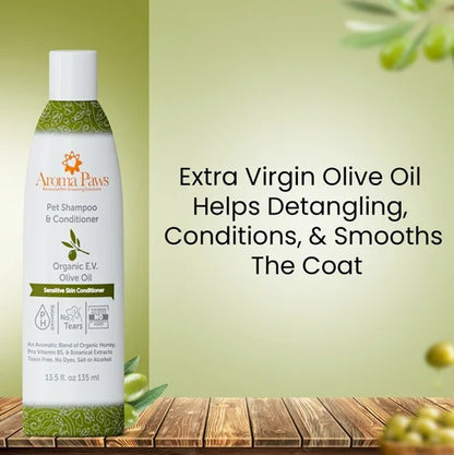 Organic olive oil dog shampoo and conditioner formula for soft, manageable coats