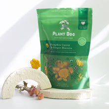 Organic pumpkin and carrot dog treats made with plant-based ingredients and gently baked for digestive support