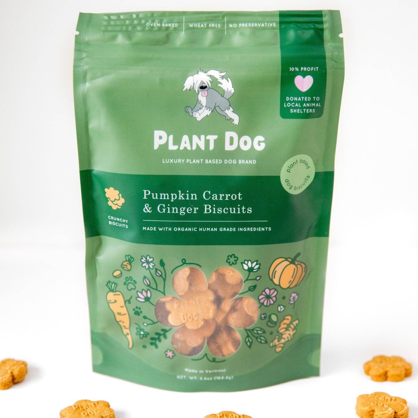 Plant-based dog treats made with organic pumpkin, carrot, and ginger for everyday wellness and digestion