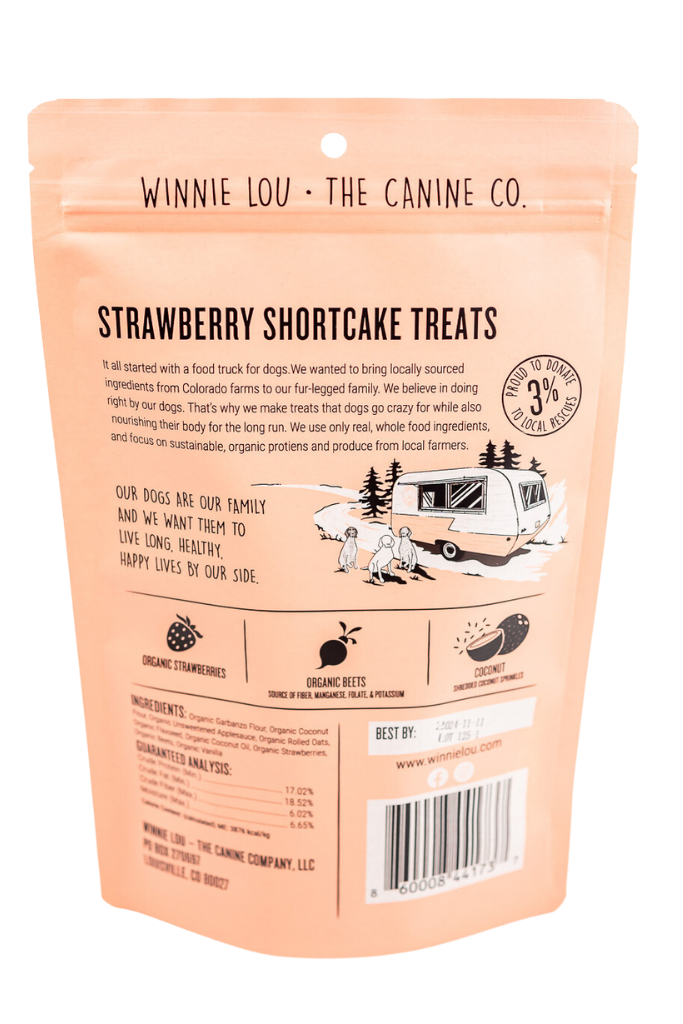 Back of Winnie Lou’s Strawberry Shortcake dog biscuit package showing product information