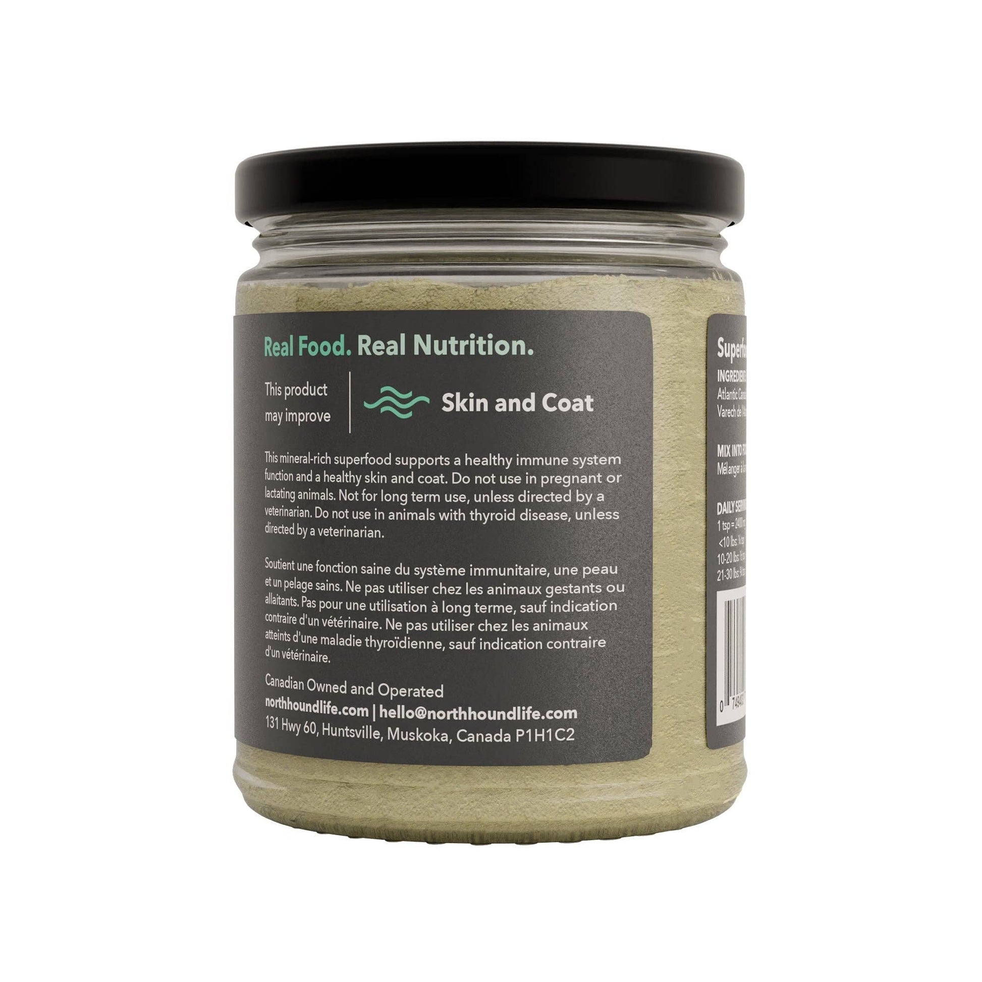 Back label of organic kelp supplement for dogs with product details