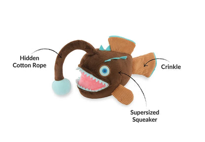 Diagram of angler fish dog toy highlighting its hidden rope, crinkles, and supersized squeaker