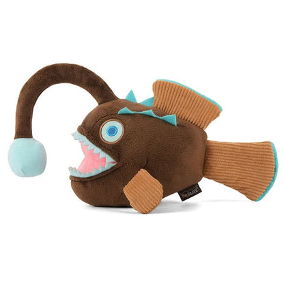 Brown angler fish plush dog toy with blue lure, made from non-toxic, eco-friendly materials