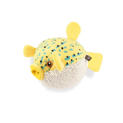 Yellow puffer fish plush dog toy with blue spots and textured fins, made with eco-friendly recycled materials