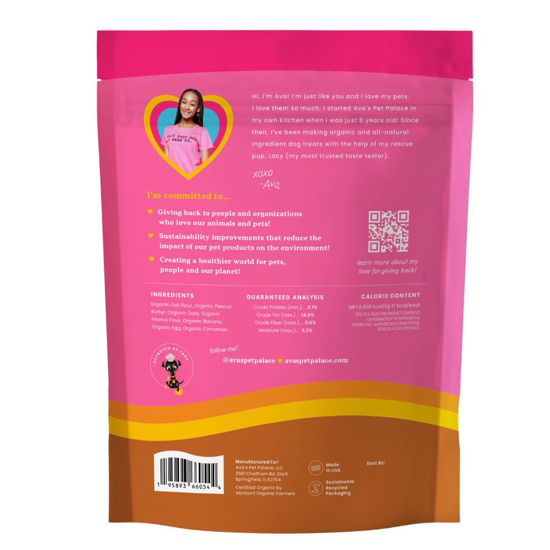 Ingredient list on Peanutty Paws organic dog treats made with peanut butter oat flour and eggs