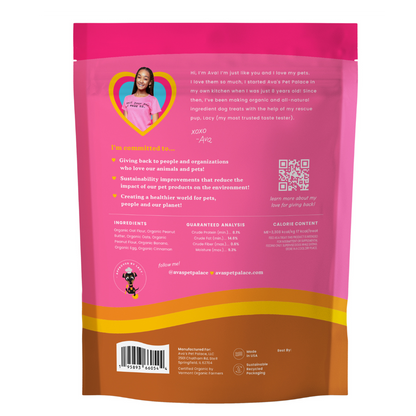 Ingredient list on Peanutty Paws organic dog treats made with peanut butter oat flour and eggs