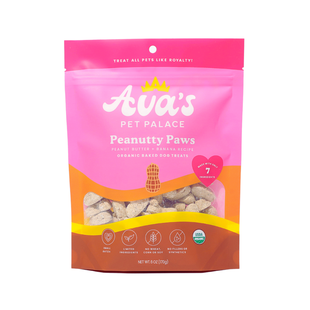 Peanutty Paws organic peanut butter dog treats in resealable pouch made with simple ingredients