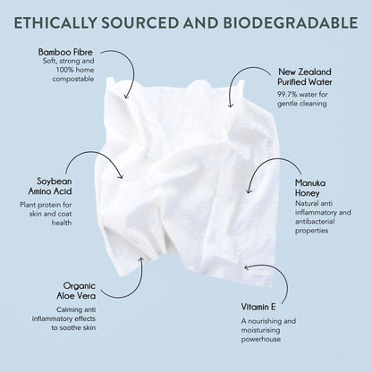 Close-up of plant-based bamboo fiber wipes made with anti-inflammatory, antibacterial, and moisturizing properties.