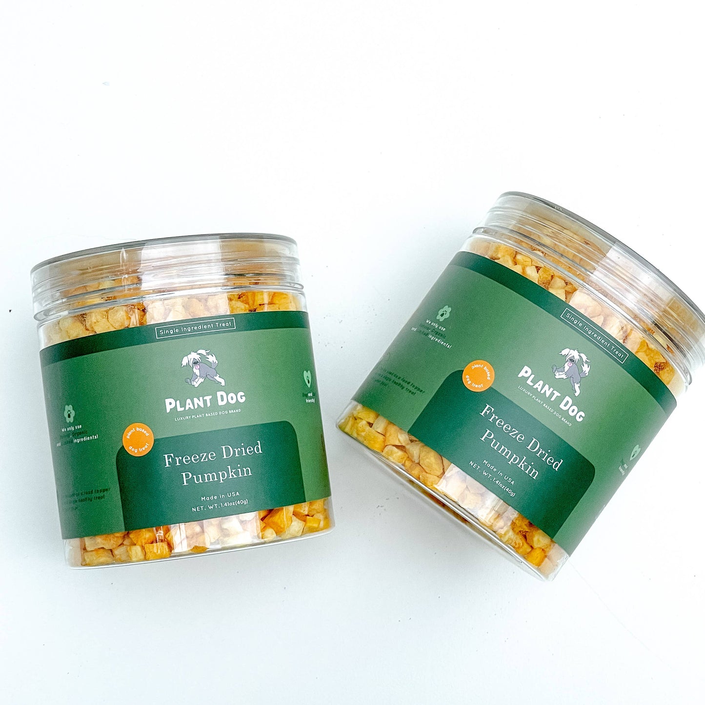 Multiple jars of organic freeze-dried pumpkin dog treats, natural minimally processed dog treats