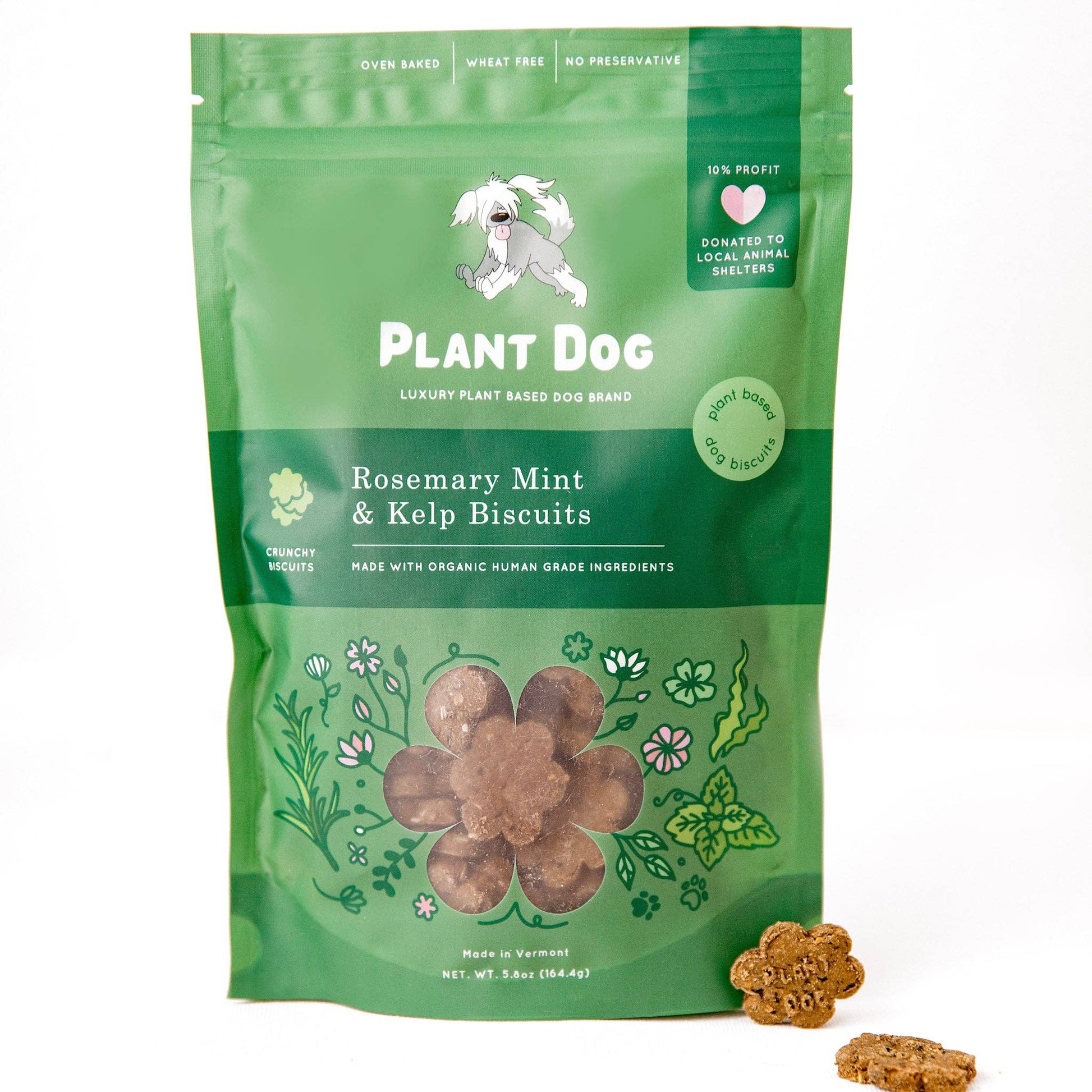 Front packaging of Plant Dog rosemary mint kelp dog treats made with plant-based ingredients