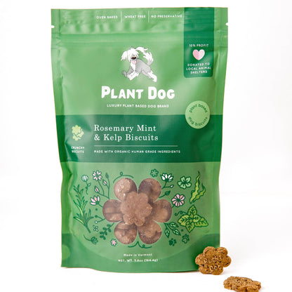 Front packaging of Plant Dog rosemary mint kelp dog treats made with plant-based ingredients