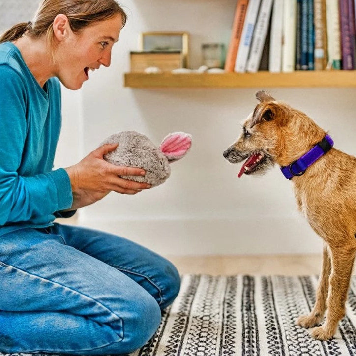 Baxter the Bunny plush dog toy used during interactive playtime, designed with durable stitching and easy-to-clean materials.