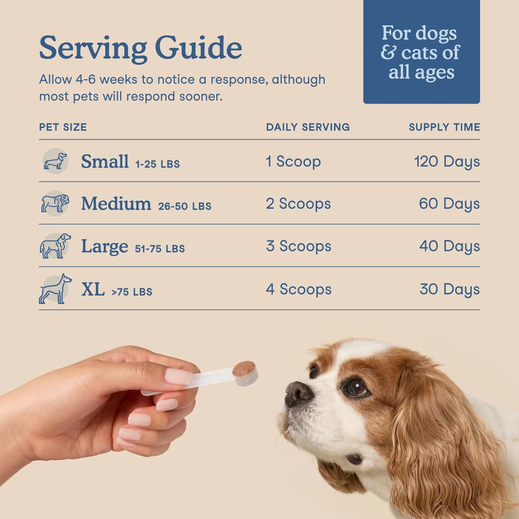 Serving guide for Fera Pets Postbiotics Plus supplement for dogs based on weight