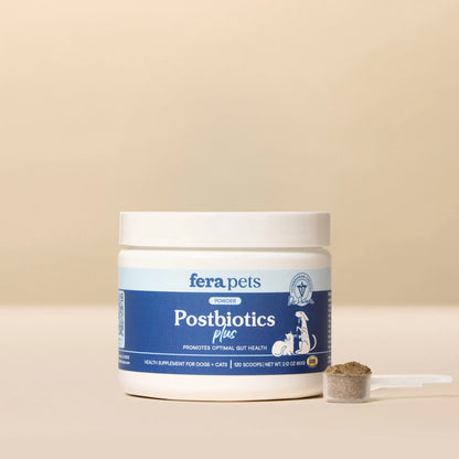 Fera Pets Postbiotics Plus supplement jar for dogs supporting gut health and immune function
