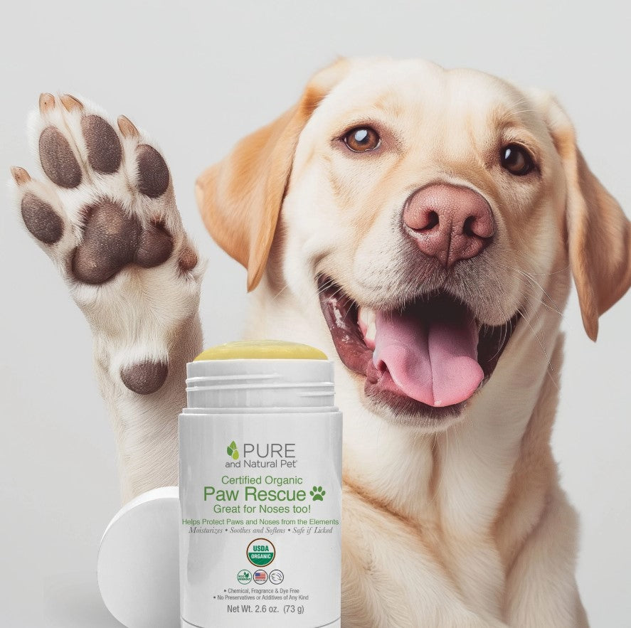 Pure and Natural Pet Paw and Nose Rescue – An organic, soothing balm designed to protect and moisturize dry, cracked paws and noses. Made with natural, chemical-free ingredients for gentle, effective relief.