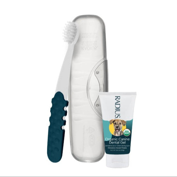 RADIUS canine oral care kit with dog toothbrush, organic dog toothpaste, and protective storage case