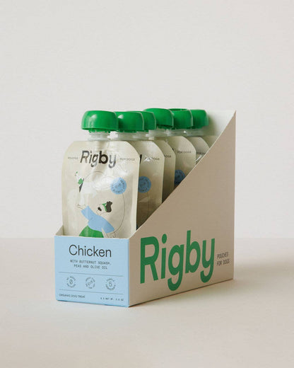 Box of chicken squeeze pouches made with real food ingredients for dogs