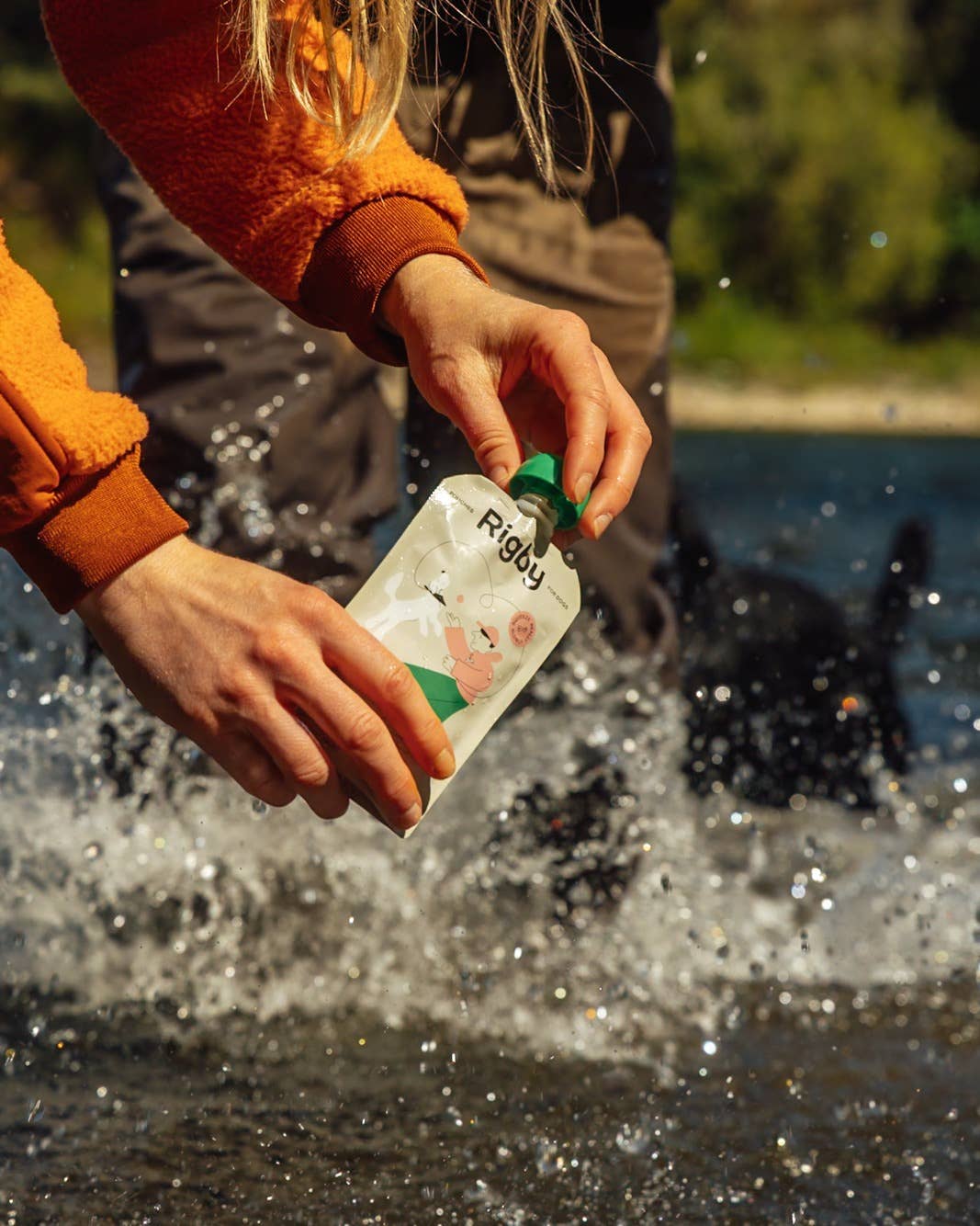Portable salmon squeeze dog treats used outdoors for rewarding and enrichment