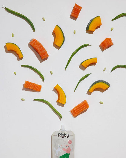 Salmon squeeze dog treats made with wild-caught salmon, squash, green beans, and olive oil
