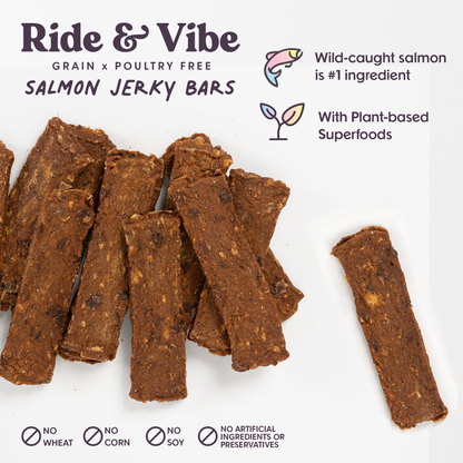 Soft wild-caught salmon jerky dog treats showing size and texture
