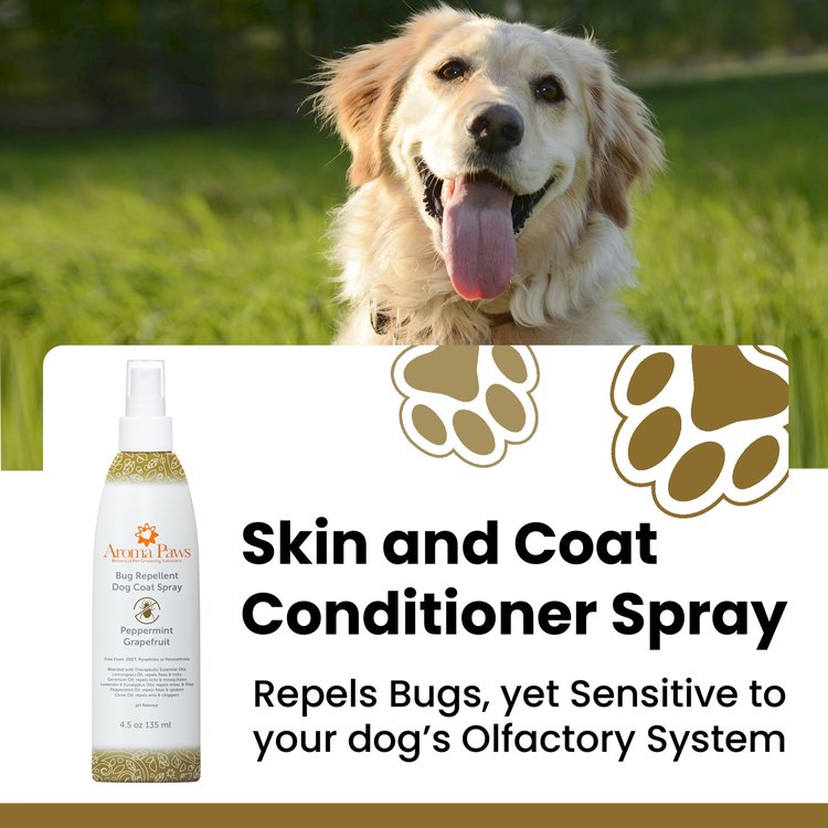 Aroma Paws bug repellent dog coat spray repels fleas and ticks but is gentle for the dog's sensitive olfactory system.